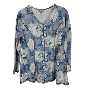 NWT Shana Blue Floral Pattern V-Neck Long Sleeve Top Small